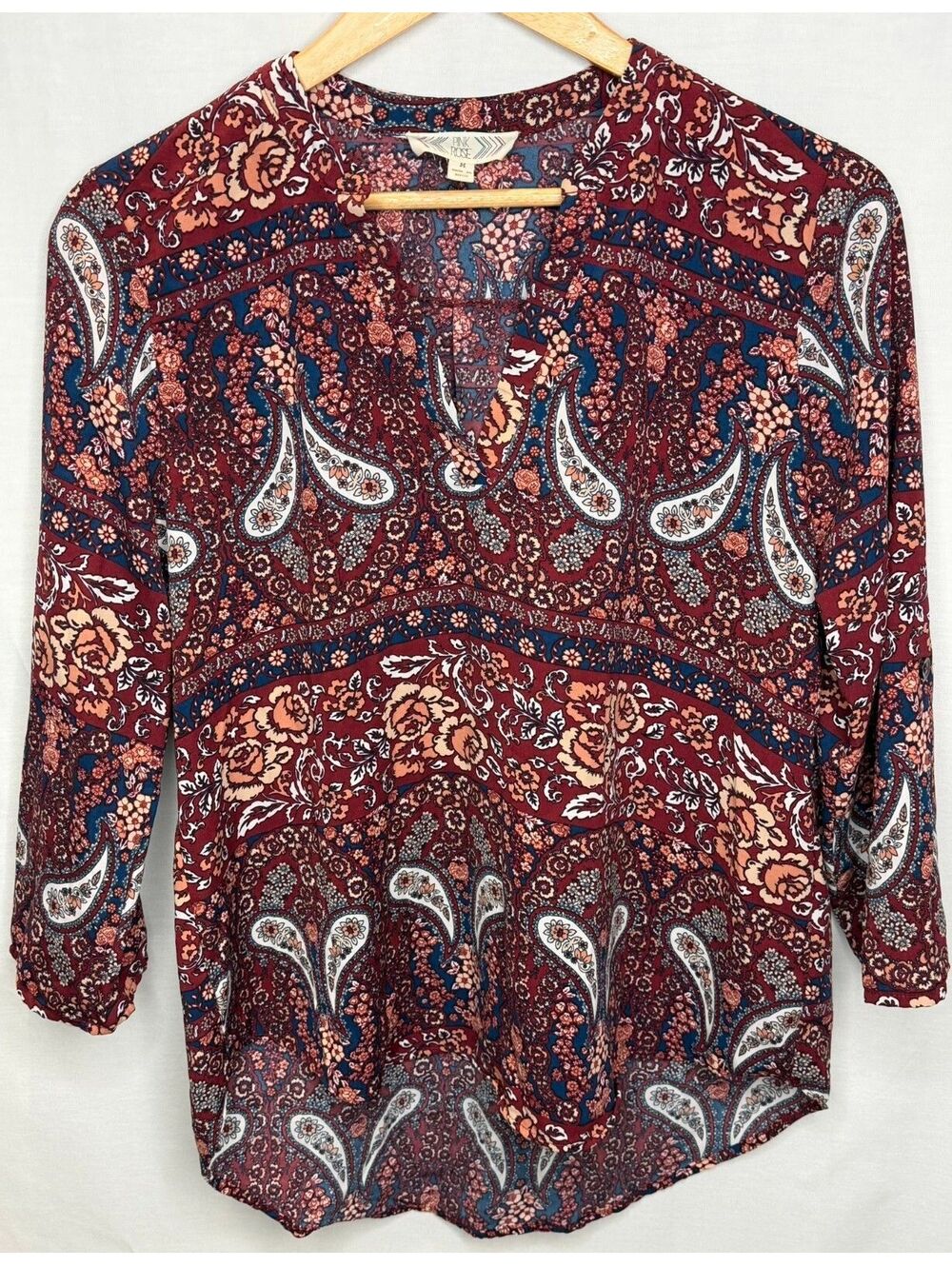 Pink Rose Size M Burgundy Navy Paisley Roll Tab Sleeve Blouse Hi Low